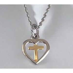 New Christian Cross Pendant Necklace Sterling & Gold Tone Classic Delicate 9W